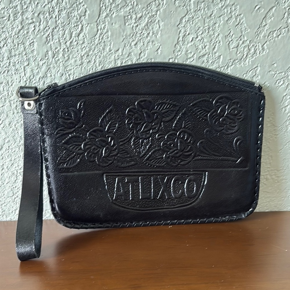 Black Embossed Leather Wristlet